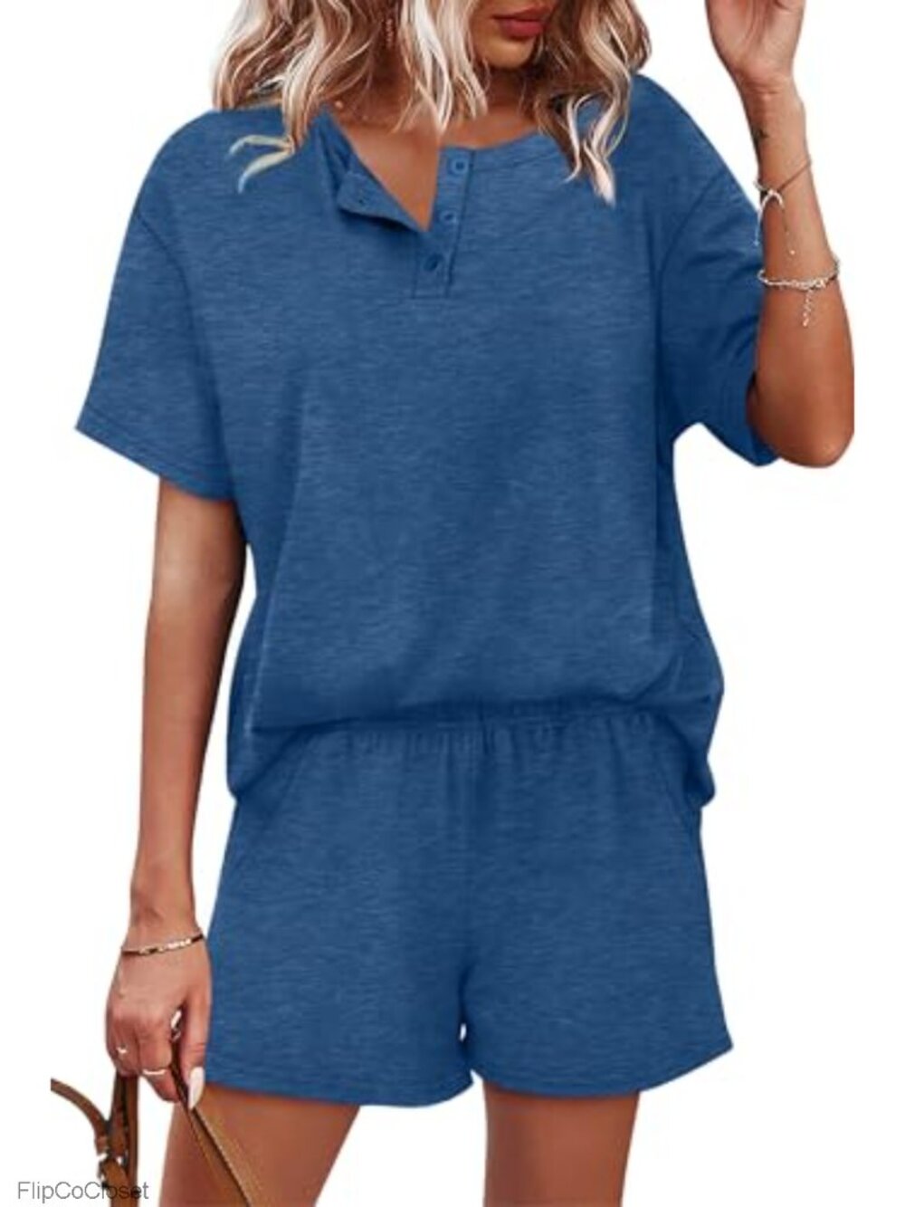 WIHOLL 2 Piece Lounge Set Button Down Short Sleeve Top & Shorts with Pockets